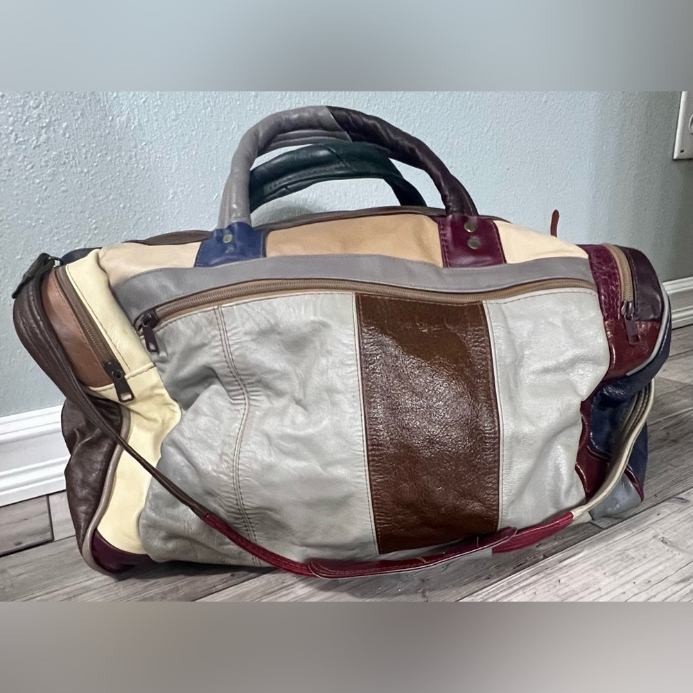 Vintage 60 70’s Patchwork 100% Genuine Leather Duffel Travel Bag Vacation Retro - Picture 4 of 16